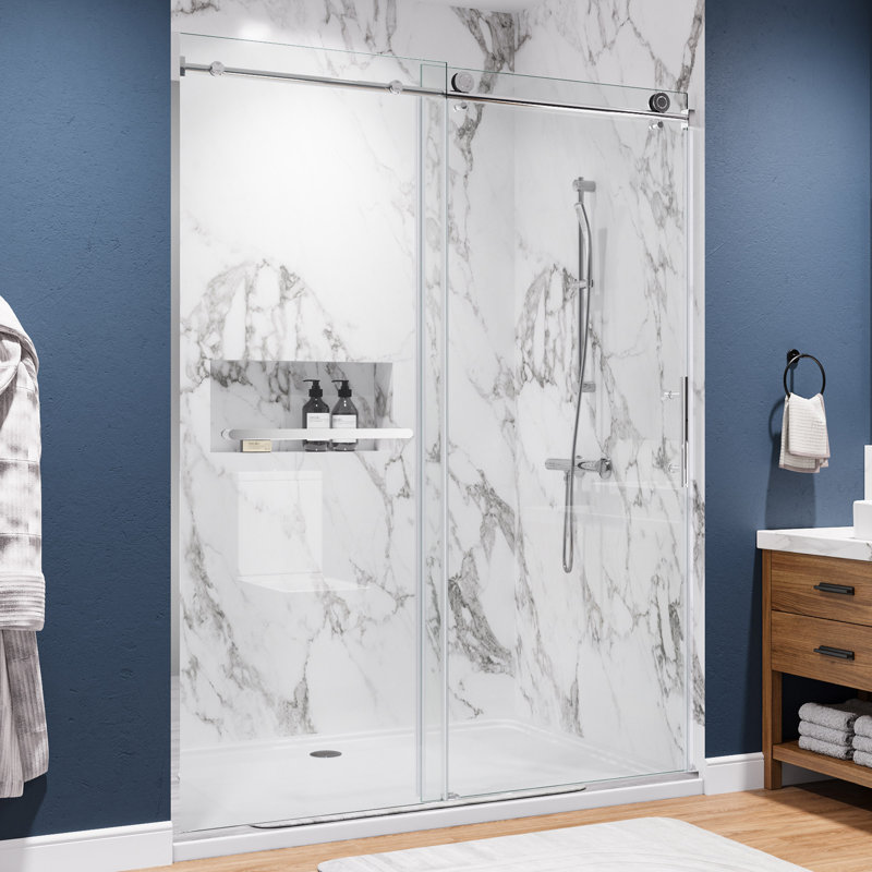 56"-60" W x 75" H Single Sliding Semi-Frame Shower Door with 5/16" Tempered Glass, Stainless Steel Accessories