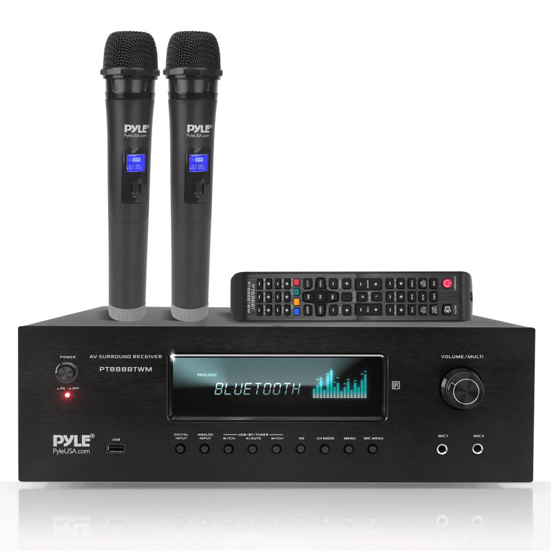 Pyle 1000W Bluetooth Home Theater Karaoke Receiver - 5.2-Ch Stereo Amplifier 2 Uhf Wireless Microphone Video Pass-Through Supports, Mp3/Usb/Hdmi/Am/Fm Radio - Pyle Pt888Btwm , Black