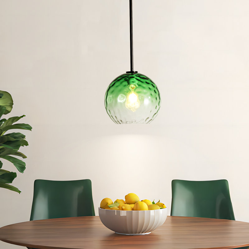 Vulpecula 1 - Light Glass Globe Pendant With Green Hammered Glass, Matte Black