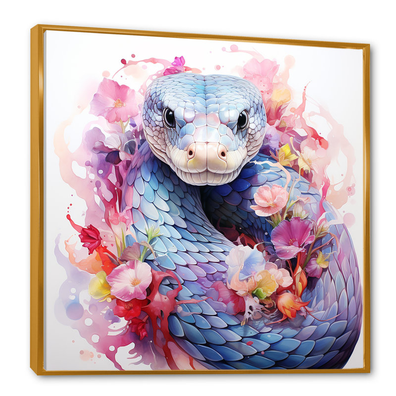 Snakes Floral Grace II - Snake Animal, art mural, Cadre flottant doré, H 30 po x l 30 po x P 1,5 po
