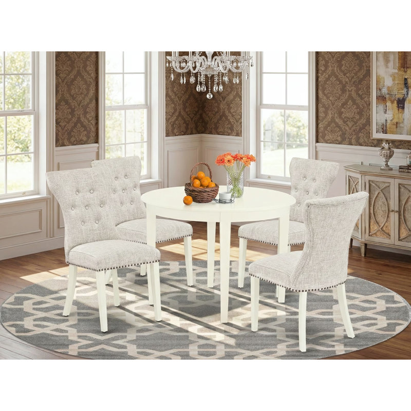 5 Piece Kitchen Table Set for 4 Includes a Round Dining Room Table and 4 Doeskin Linen Fabric Parsons Dining Chairs, Linen White