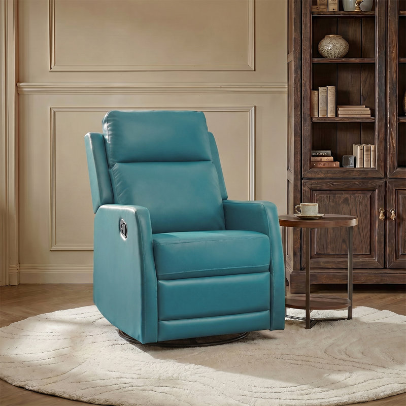 McGuffey Faux Leather Swivel Rocker Recliner with Metal Base, Teal Green Velvet