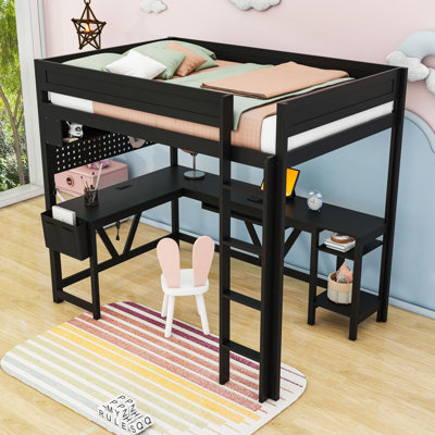 Lit mezzanine double avec bureau, tablettes, DEL et station de charge