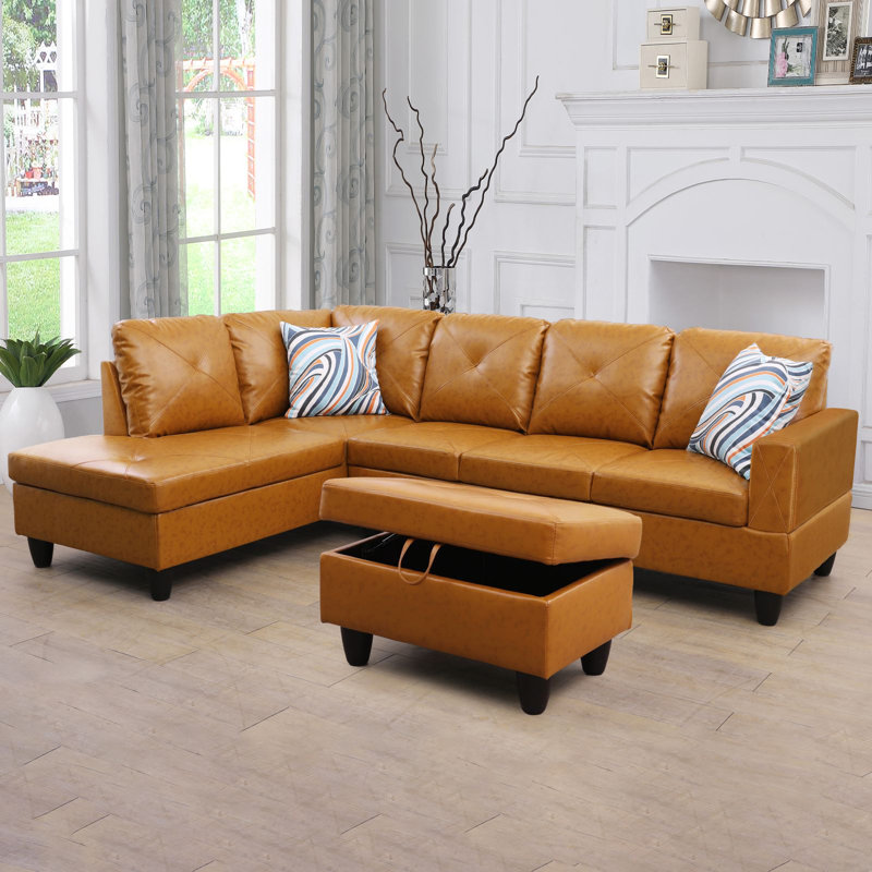 Beverlys 97" Wide Faux Leather Sofa & Chaise with Ottoman, Amber Faux Leather, Left Hand Facing