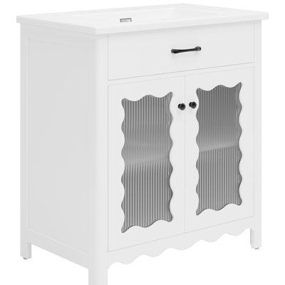 Meuble-lavabo de 79 cm (31 po) avec verre trempé, fermeture amortie et étagères réglables pour une personnalisation. Meuble moderne de 79 cm (31 po) avec lavabo intégré et charnières à rayures verticales.