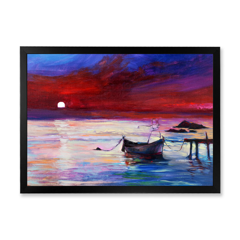 Bateau sur un coucher de soleil mauve - reproduction d'art sur toile, Cadre photo noir, H 8 po x l 12 po x P 1 po
