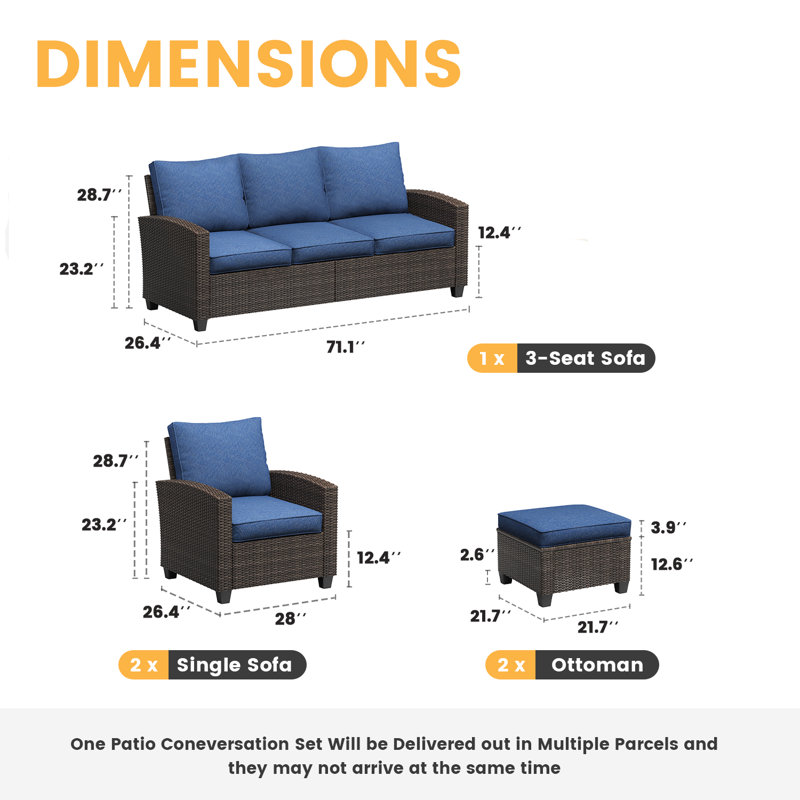  Outdoor Wicker Conversation Set with 3-Seat Sofa, Sofa Chairs, and Ottomans, Navy Blue