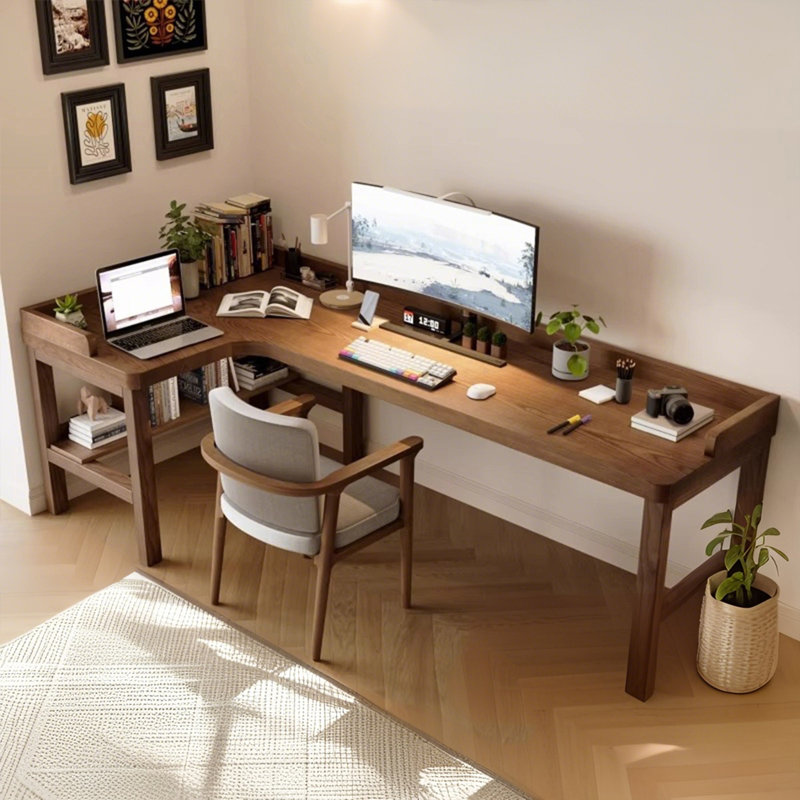 Bureau d'étude de coin en L en bois massif de style Mid-Century moderne avec garde-corps brun foncé, Gauche