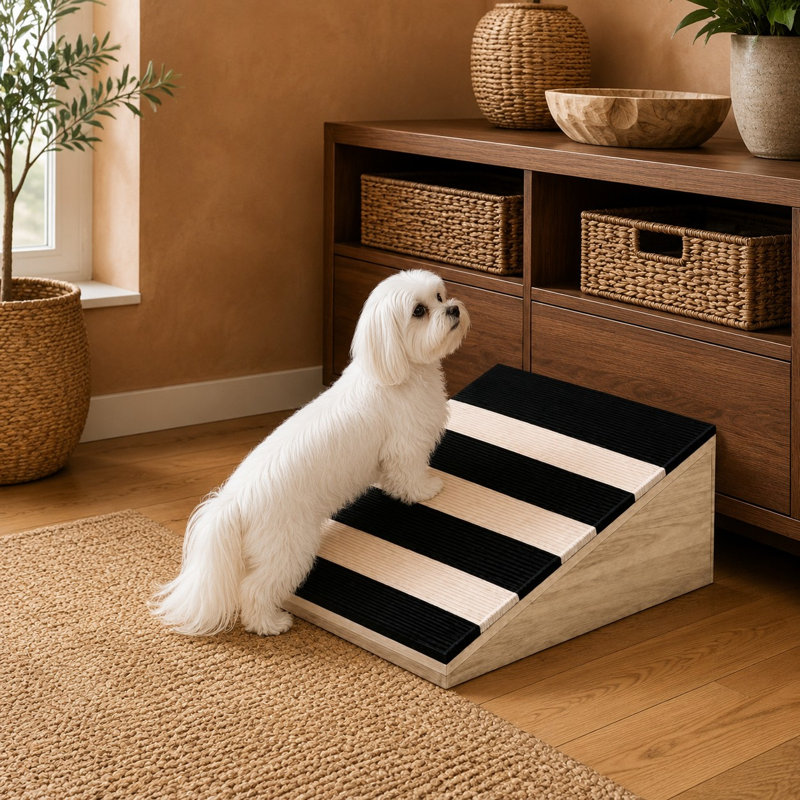 Cet ensemble de 2 rampes pour petits chiens en bois d'acacia massif ne nécessite aucun assemblage ; chacune est recouverte d'un tapis antidérapant, supporte un poids de 82 kg et présente une pente douce idéale pour les chiens âgés, les chiots et les chats.