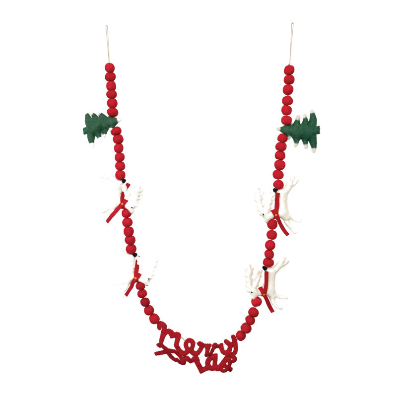 Wool Felt Ball Garland with Reindeer, Trees "Merry Xmas" in Red and White and Green