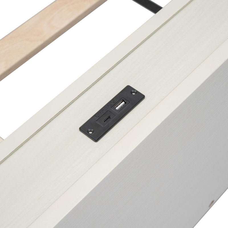 Bed Frame With Built-in USB Port on Shelves Headboard, White Washed