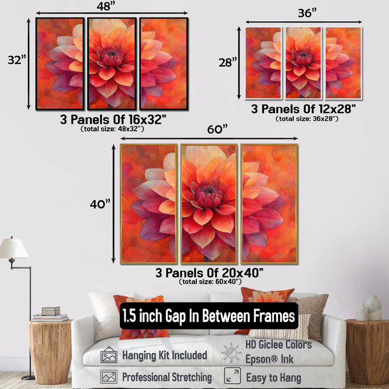 Coucher de soleil aux couleurs vives Dahlia Vision I - art mural Dahlia - ensemble de 3, H 32 po x l 48 po, Brun