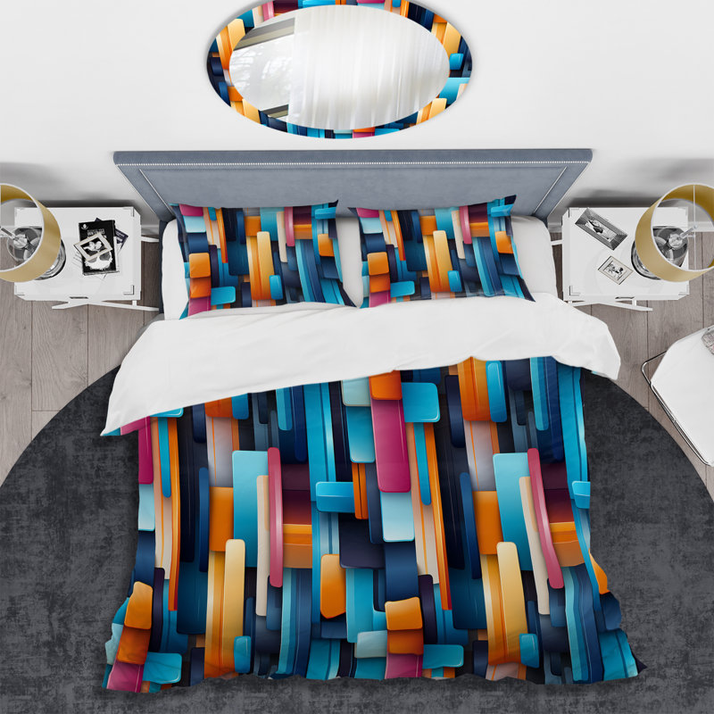 Ensemble de housse de couette bleu et rose à motif futuriste à rayures III, Housse de couette simple + 1 taie décorative stan