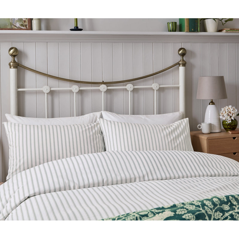 Ticking Stripe Cotton Duvet Cover Set, Double Duvet Cover Set + 2 Pillowcases, Green