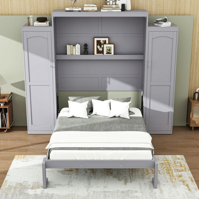 Wooden Murphy Bed with 2 Wardrobe and Shelves
