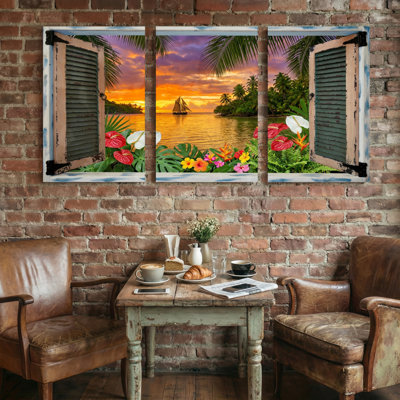 Paysage, nature, coucher de soleil tropical, voilier, palmiers, fleurs, fenêtre, vue