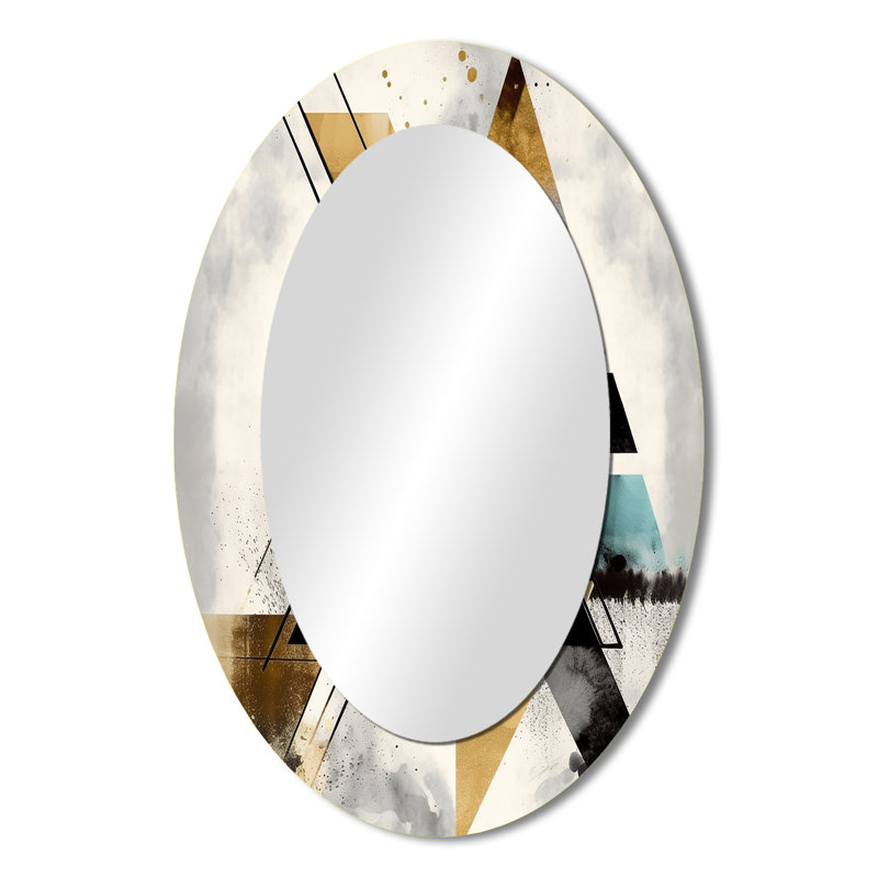 Triangle vert Boho III - Miroir décoratif ovale abstrait sur métal, 36 po x 24 po
