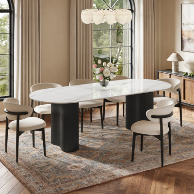 Jamani 71" Modern Oval Dining Table for 6, Glossy White Sintered Stone table top, Solid Wood Legs