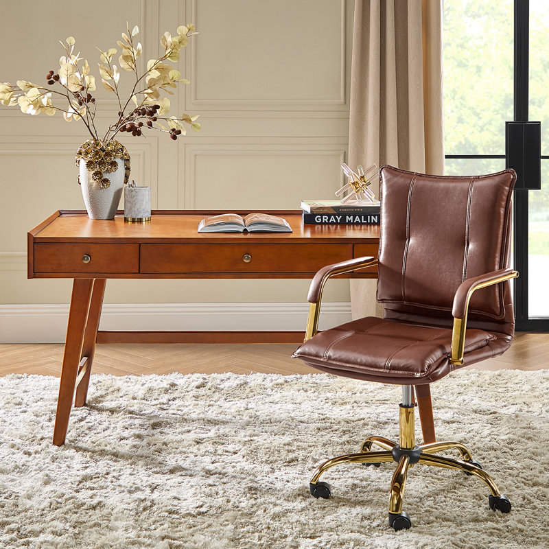 Lundgren Mid Century Modern 2-Piece Faux Leather Office Chair with Padded Arms and Solid Wood Built-in Outlets Desk Set