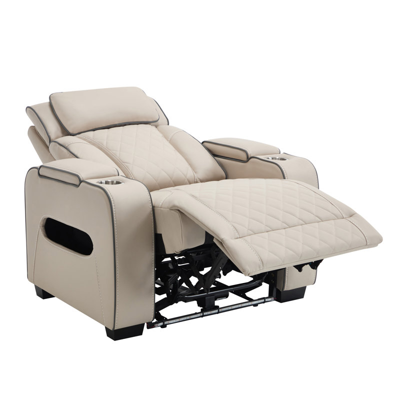 Faux Leather Electric Reclining Sofa, Beige, 1