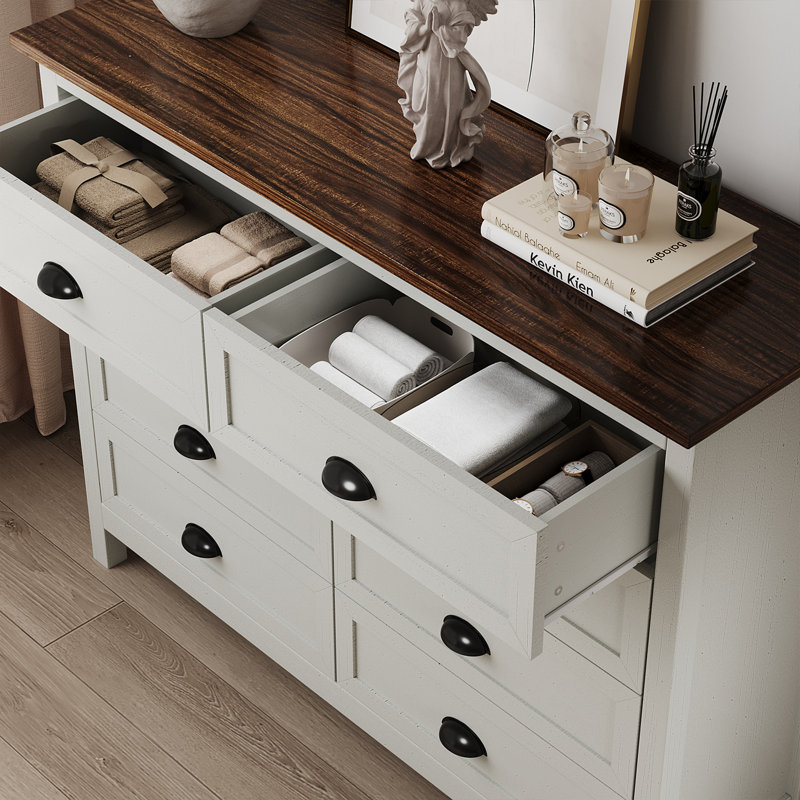Commode pour chambre Frigo, commode moderne à 8 tiroirs, commode large avec poignées en métal, Brun / Blanc