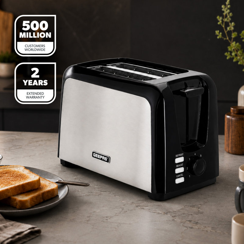 GEEPAS 2 Slice Bread Toaster with 7 Level Browning Control | Removable Crumb Tray, Defrost, Reheat & Cancel Function, Cord Storage | 2 Year Warranty, 750W