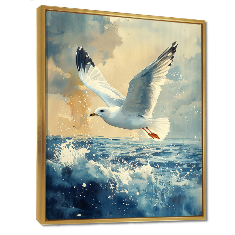 Azim Watcher Seagull Above The Shore I - Art mural oiseau, H 32 po x l 24 po, Impression encadrée flottante, Doré