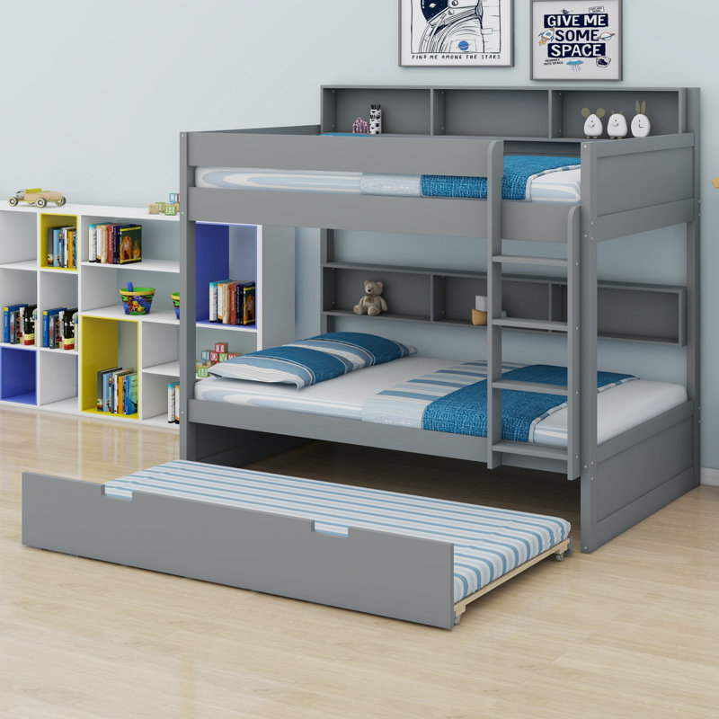 Bunk Bed Frame with Trundle and Built-in Storage Shelves, Gray, Twin over twin