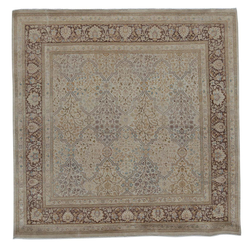 Tapis beige / brun / vert en laine noué à la main de conception unique 6 pi 1 po x 6 pi 2 po