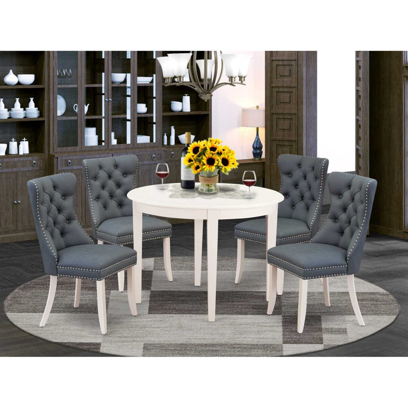 5-Piece Linen White Solid Wood Top - Round Upholstered Dining Room Set - (Seats-4), Gray
