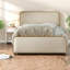 Lit moderne en métal beige avec rangement, tête de lit courbée, grand