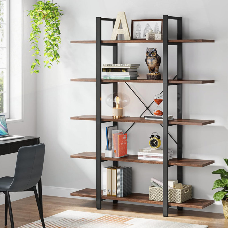 70.07" Height 5-Tier Vintage Industrial Rustic Brown Bookshelf, Rustic Brown/Black