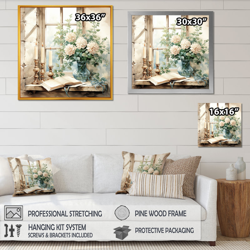 Blanc et vert antique, charme de fenêtre floral - art mural fenêtres de ferme, Cadre simple blanc, H 16 po x l 16 po x P 1 po