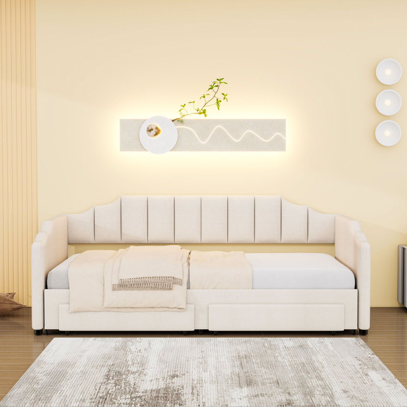 Lit de jour simple TG rembourré avec couchette extensible, éclairage à DEL intégré et tiroirs de rangement, Beige