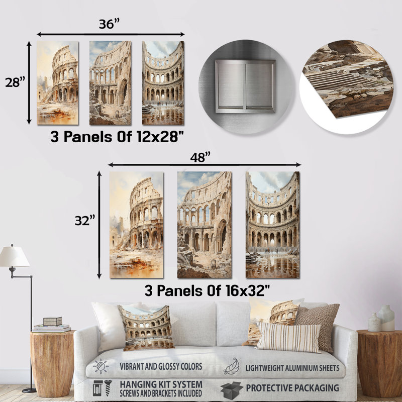«Italian Colosseum Memory», ensemble de 3 reproductions d'art mural en métal, H 28 po x l 36 po