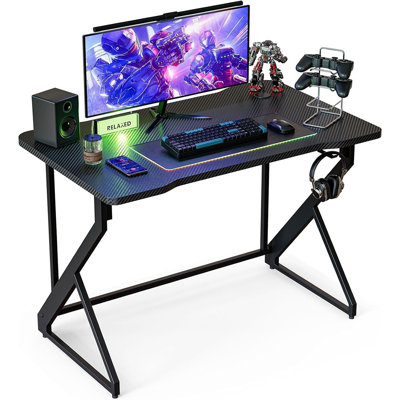 Gaming Desk Z Shaped 40 Inch Gamer Workstation, Home Computer Carbon Fiber Surface Gaming Desk Pc Table With Headphone Hook, Carbon Fiber Black