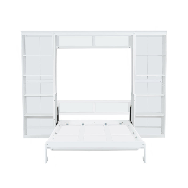 Lit escamotable double avec bureau et bibliothèque, blanc, Full