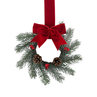 Couronne de Noël artificielle de 23 cm (9,05 pouces), petite couronne pour porte d'entrée avec nœud en velours rouge, branches de pin, pommes de pin et baies rouges, décoration de Noël pour mur ou fenêtre.