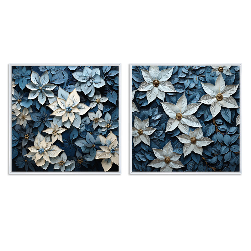 Poinsettias blancs et bleus en fleurs - Ensemble de 2 poinsettias carrés, Cadre flottant blanc, H 36 po x l 73 po