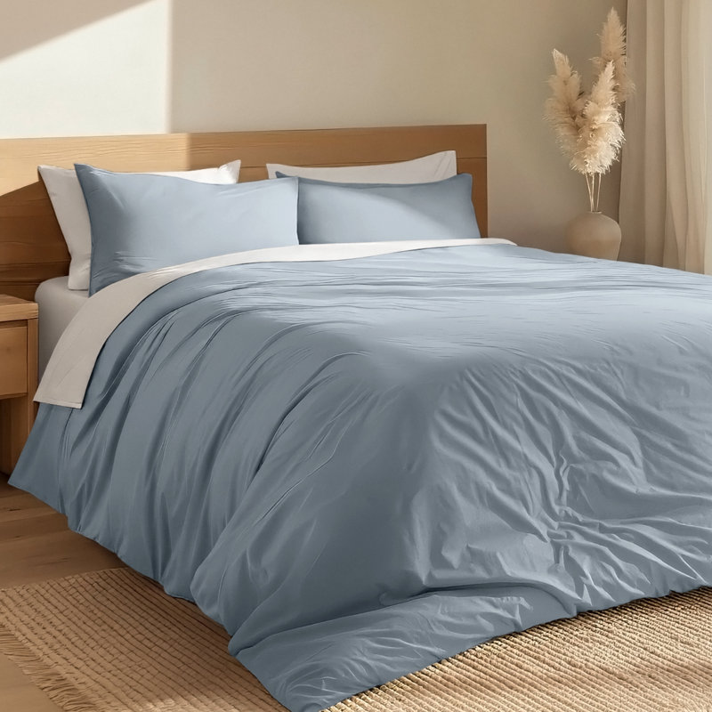 Modern & Contemporary Organic Cotton Machine Woven Duvet Cover, Dusty Blue, King Duvet Cover + 2 King Shams