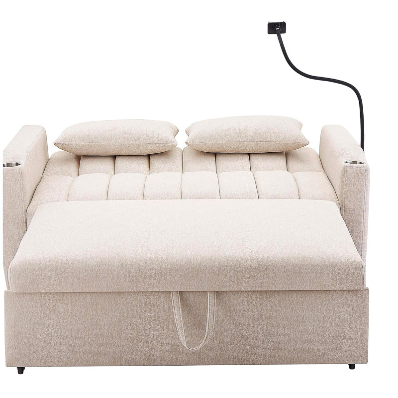 Canapé-lit double convertible de 55,9 pouces avec trois ports USB, deux poches latérales, deux porte-gobelets et un support pour téléphone pivotant à 360 °, beige