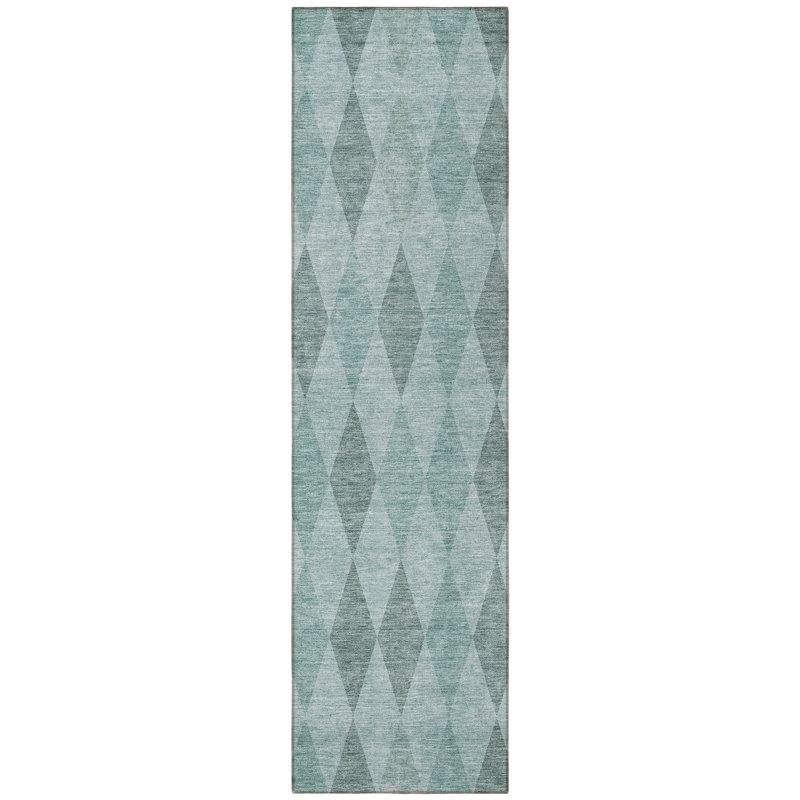 8' Runner Teal Geometric Washable Non Skid Indoor Outdoor Runner Rug