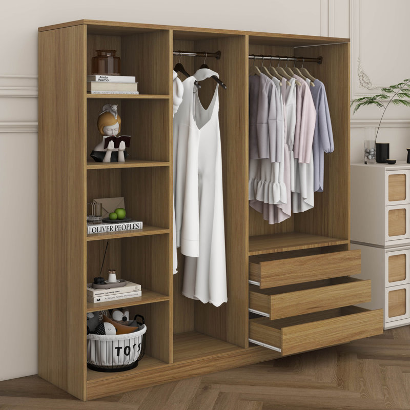 Armoire spacieuse sans porte avec tringle à vêtements, tablettes de rangement et 3 tiroirs pour l'organisation de la chambre à coucher