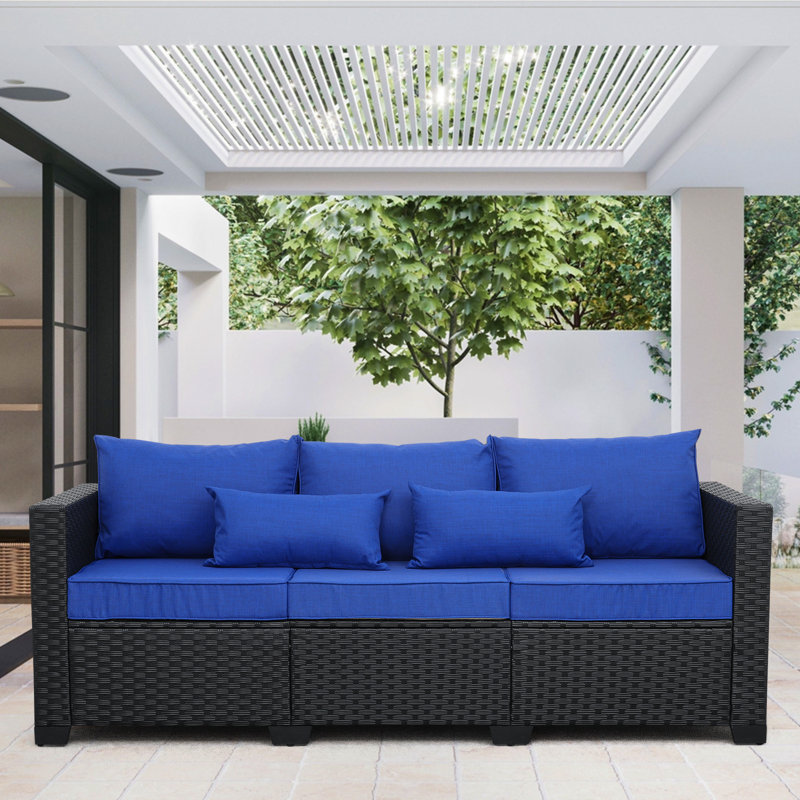 Ailina 79'' Wide Outdoor Wicker Patio Sofa with Anti-slip Cushions and Waterproof Cover, Royal Blue, Black