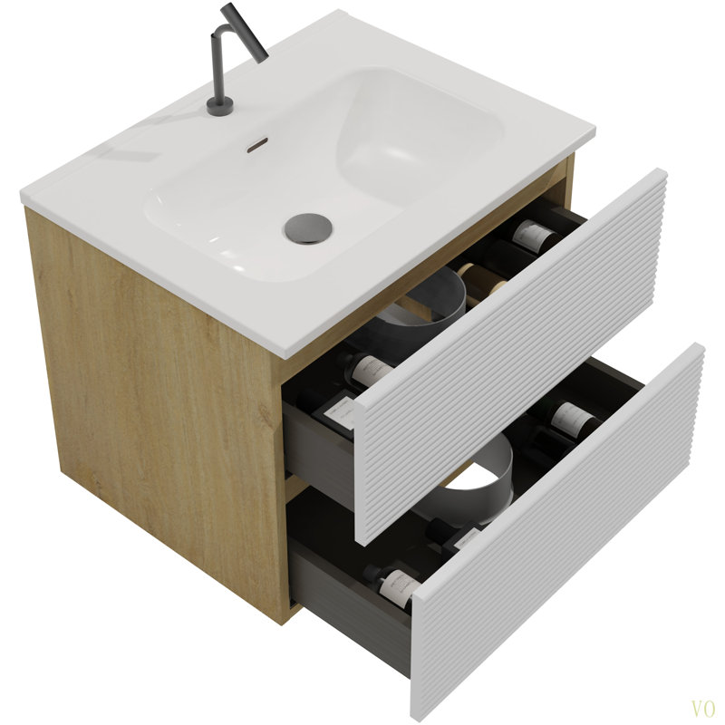 Meuble-lavabo mural de 24 po avec lavabo intégré en céramique avec trop-plein, grand meuble-lavabo flottant de rangement pour salle de bain moderne, pré-assemblé