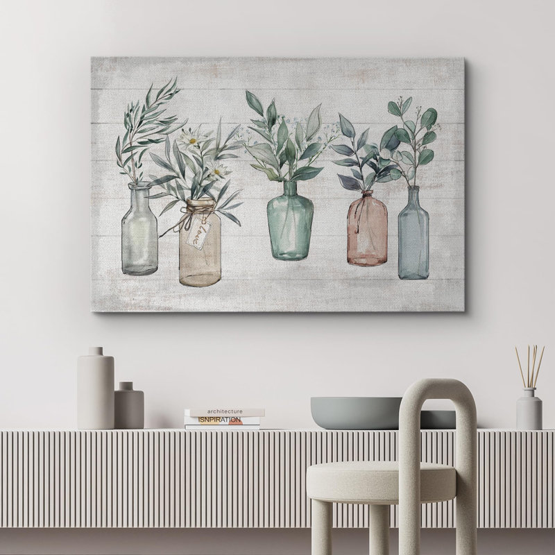 Bouteille de plante à effet de bois rustique, fleurs de plantes sauvages dans des vases, impression botanique sur toile