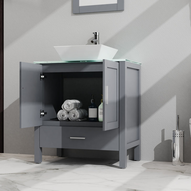 Meuble-lavabo de 30 po avec lavabo, gris. Plateau en verre trempé. Armoire à 2 portes et 1 tiroir. Intérieur spacieux. Fabrication avec rangement. Rangement de 18,5 x 30 x 31,5 po. Vaste rangement. Porte.