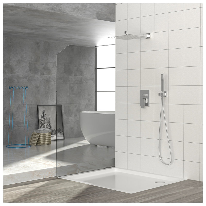 Système de douche à pluie carré 12 po avec soupape brute à pression équilibrée et deux têtes de douche, finition chromée
