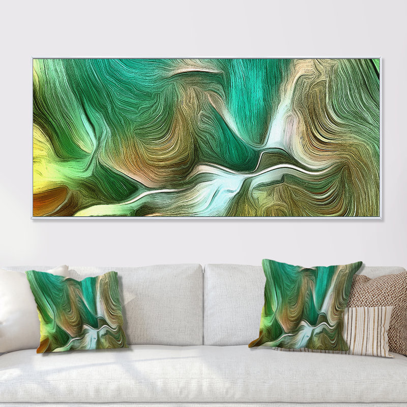 Vagues liquides dans les tons de vert III - peinture sur toile, H 28 po x l 60 po x P 1,5 po, Cadre blanc