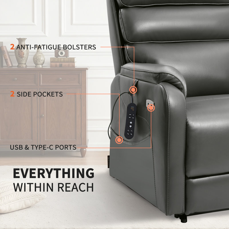  Dual Motor Lay Flat Power Lift Recliner Chair for Elderly, Breathable Faux Leather Electric Lift Chairs for Adults, 400lbs Heavy Duty Power Recliner with Heat Massage Charging Ports, Grey